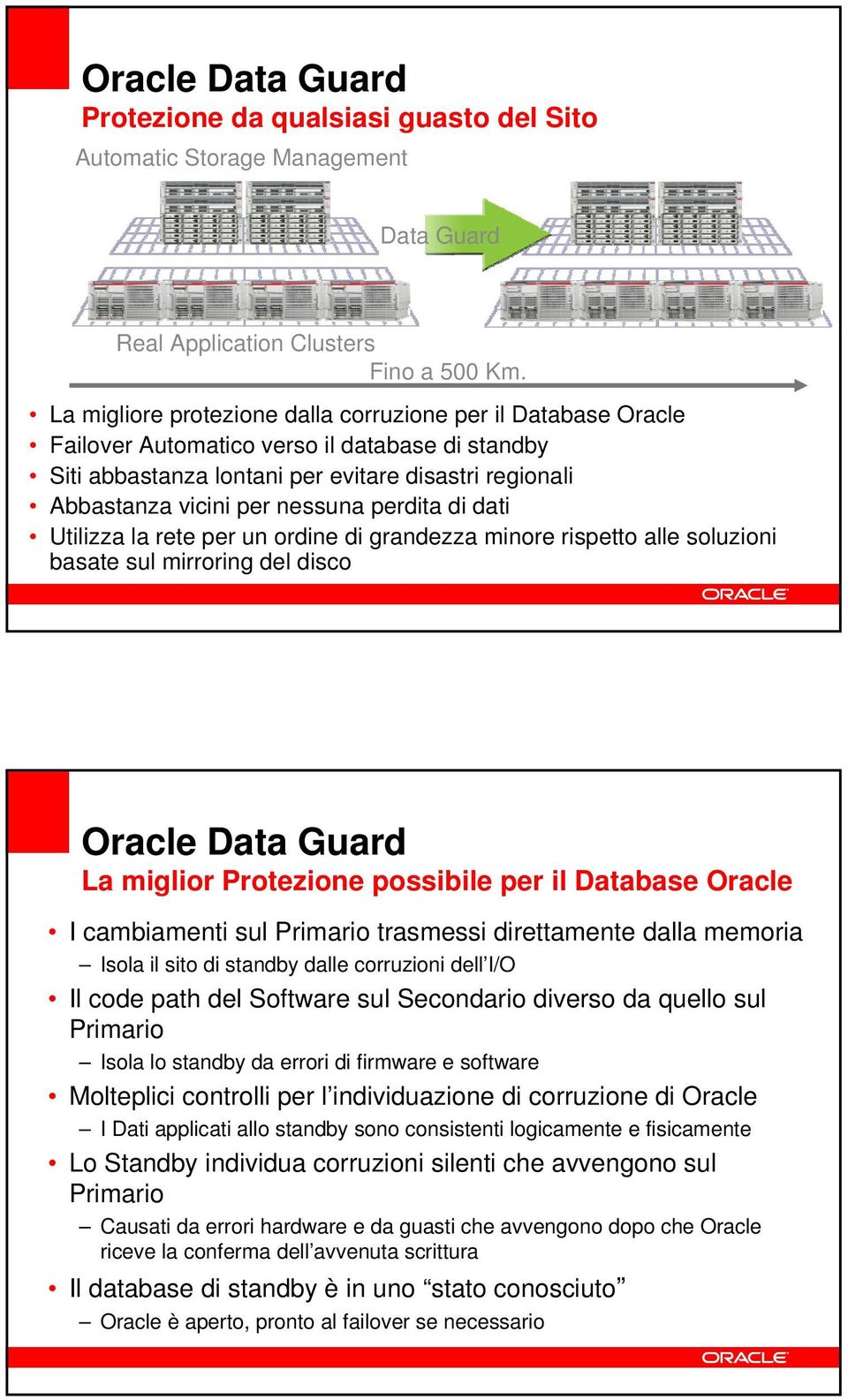 perdita di dati Utilizza la rete per un ordine di grandezza minore rispetto alle soluzioni basate sul mirroring del disco Oracle Data Guard La miglior Protezione possibile per il Database Oracle I