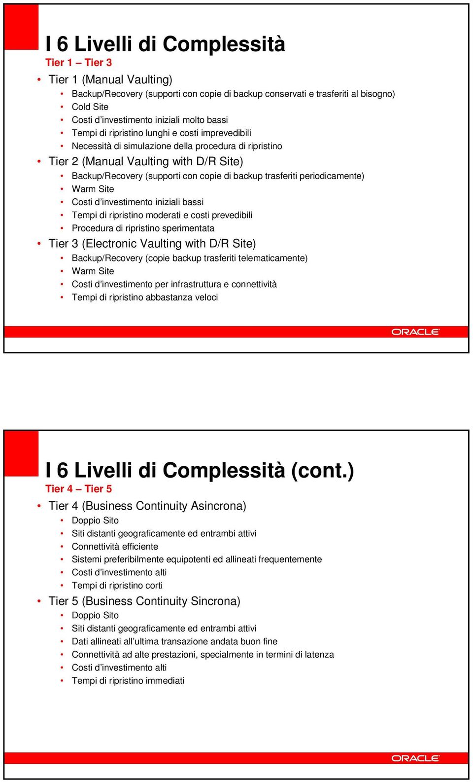 periodicamente) Warm Site Costi d investimento iniziali bassi Tempi di ripristino moderati e costi prevedibili Procedura di ripristino sperimentata Tier 3 (Electronic Vaulting with D/R Site)