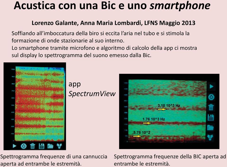 Lo smartphone tramite microfono e algoritmo di calcolo della app ci mostra sul display lo spettrogramma del suono emesso dalla