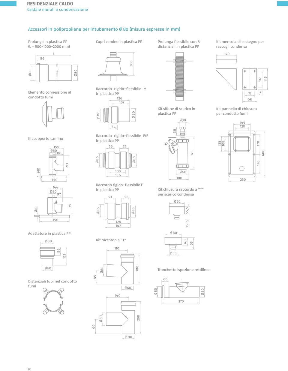 Ø3 Ø86 55 55 Ø86 38 175 53 136 56 18 Ø62 Ø68 Ø86 Ø 35 124 142 Ø 56 122 11 Ø Ø 1 85 1 Ø 9 Ø 55,5 117 145 Elemento connessione al condotto fumi 71 95 14 Kit sifone di scarico in plastica PP Kit