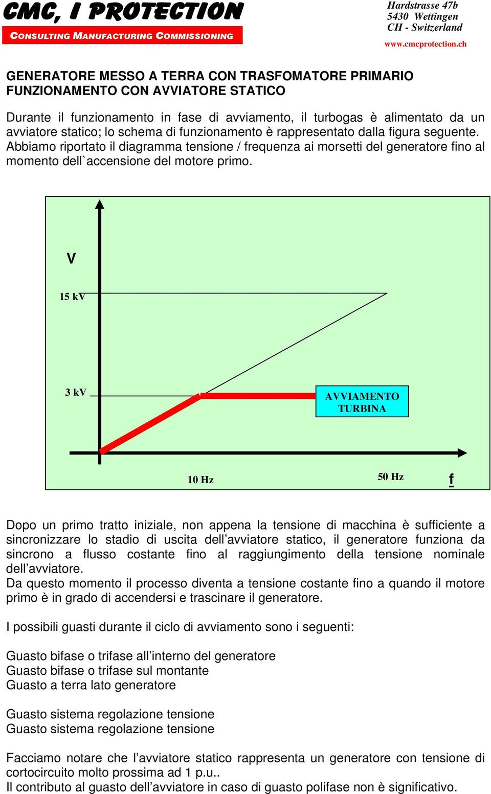 V 15 kv 3 kv AVVIAMENTO TURBINA 10 Hz 50 Hz f Dopo un primo tratto iniziale, non appena la tensione di macchina è sufficiente a sincronizzare lo stadio di uscita dell avviatore statico, il generatore