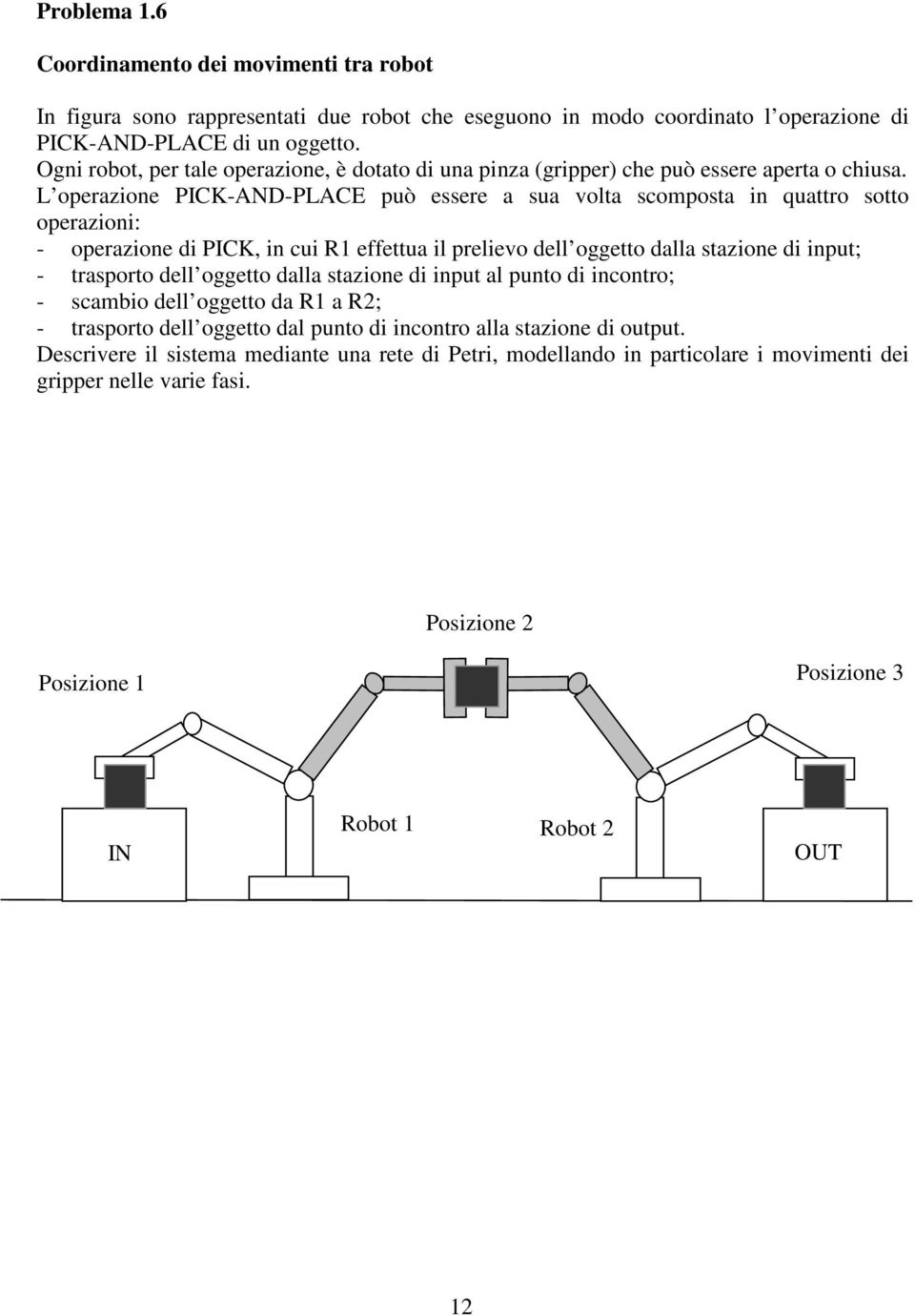 L operazione PICK-AND-PLACE può essere a sua volta scomposta in quattro sotto operazioni: - operazione di PICK, in cui R1 effettua il prelievo dell oggetto dalla stazione di input; - trasporto dell