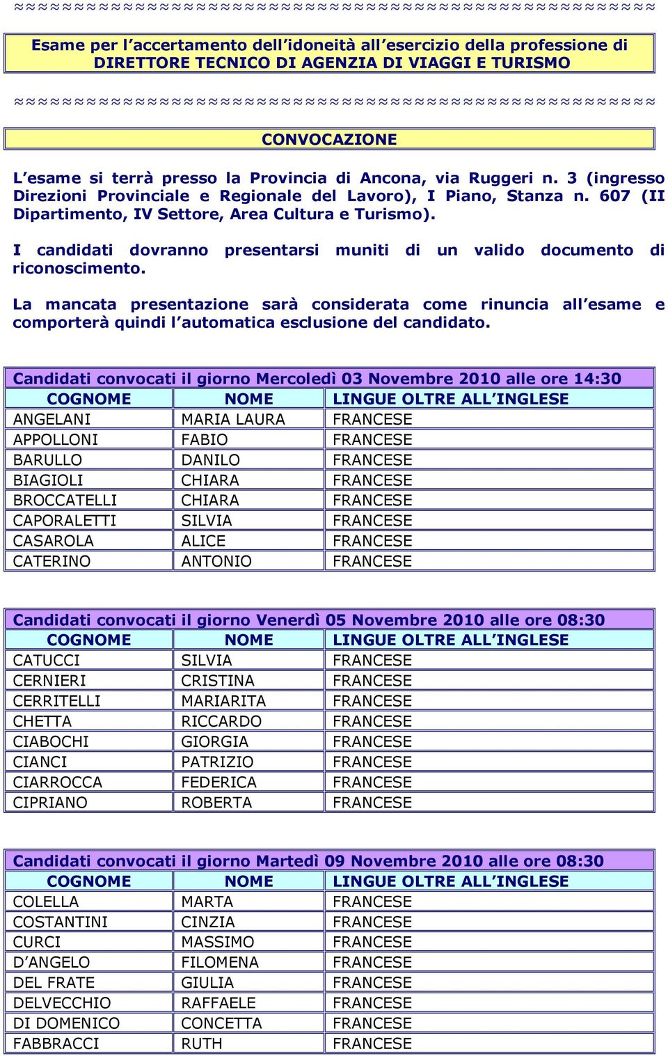 I candidati dovranno presentarsi muniti di un valido documento di riconoscimento.