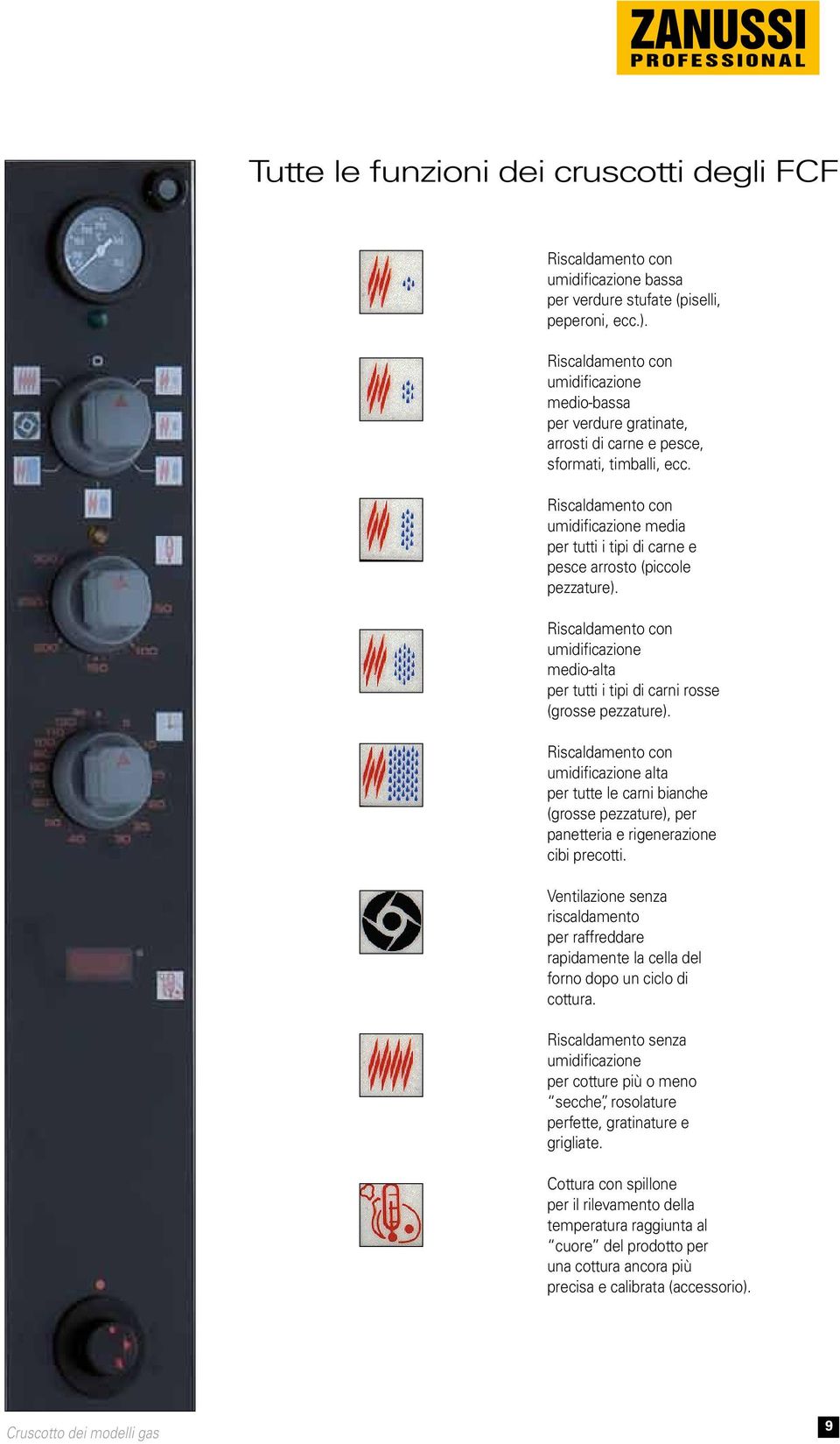 Riscaldamento con umidificazione media per tutti i tipi di carne e pesce arrosto (piccole pezzature). Riscaldamento con umidificazione medio-alta per tutti i tipi di carni rosse (grosse pezzature).