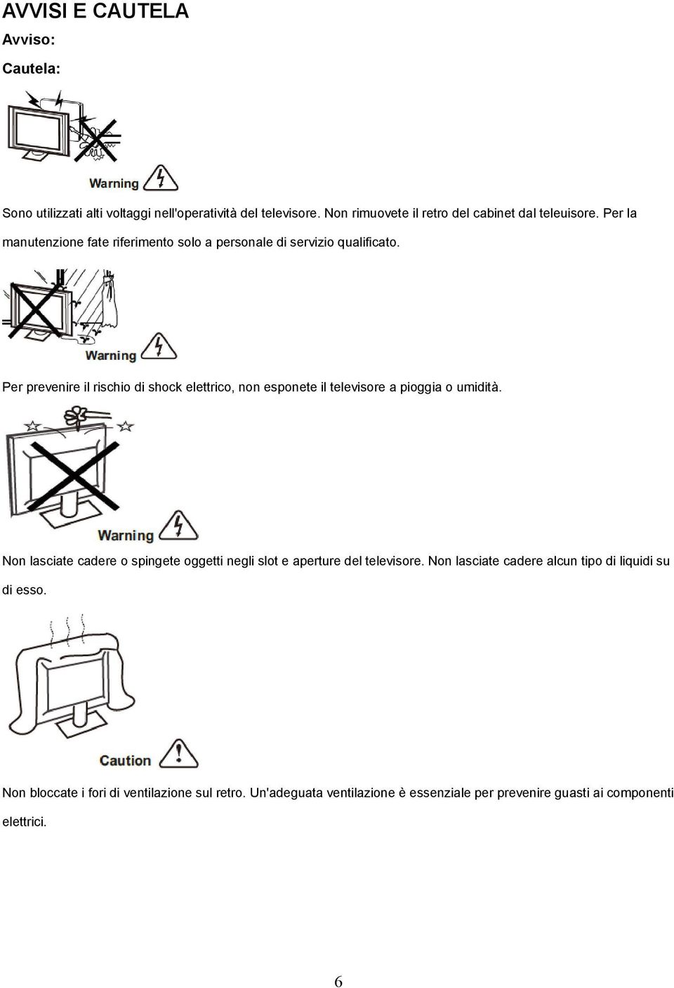 Per prevenire il rischio di shock elettrico, non esponete il televisore a pioggia o umidità.