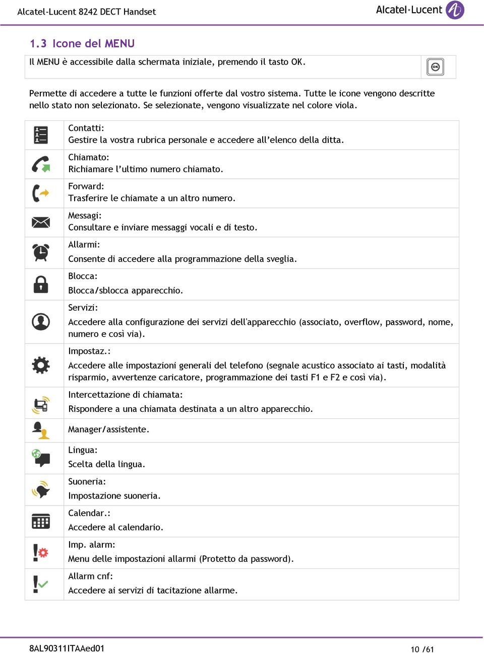 Chiamato: Richiamare l ultimo numero chiamato. Forward: Trasferire le chiamate a un altro numero. Messagi: Consultare e inviare messaggi vocali e di testo.