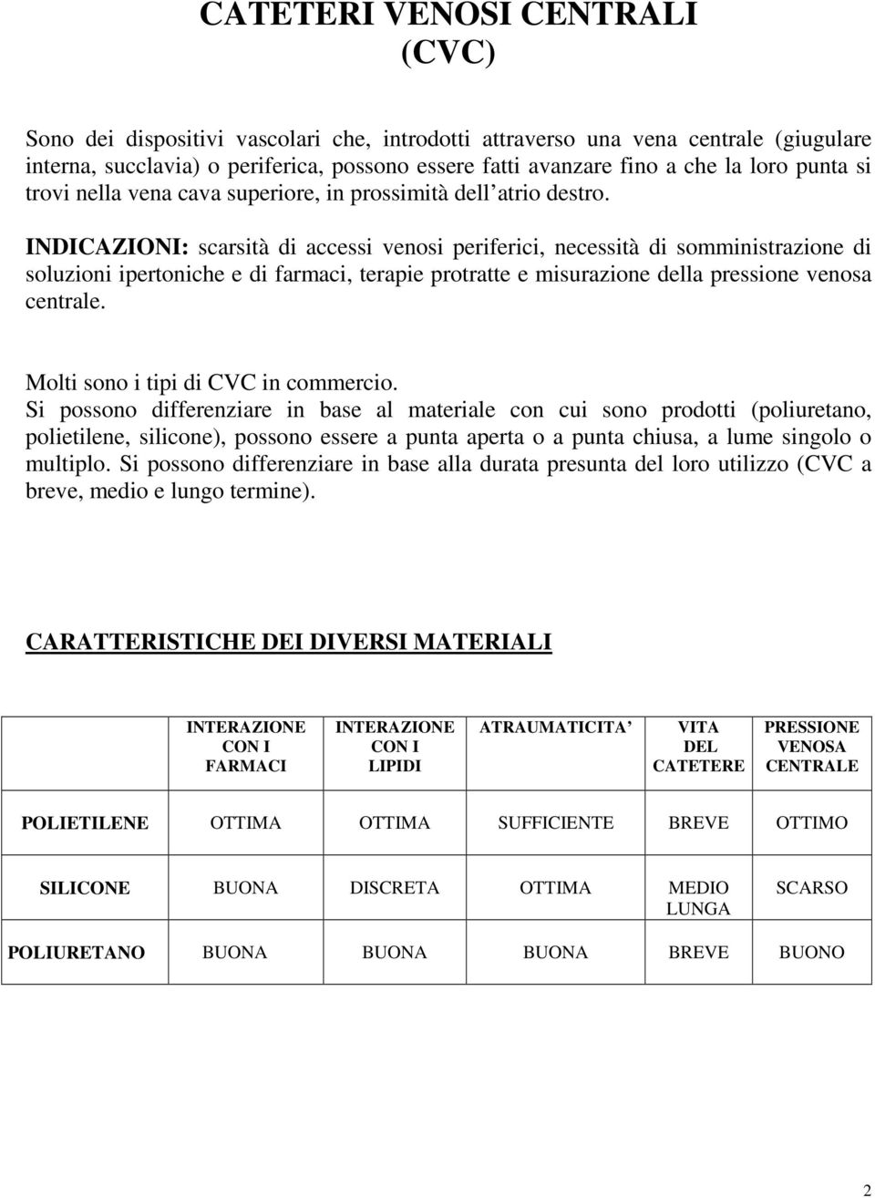 INDICAZIONI: scarsità di accessi venosi periferici, necessità di somministrazione di soluzioni ipertoniche e di farmaci, terapie protratte e misurazione della pressione venosa centrale.