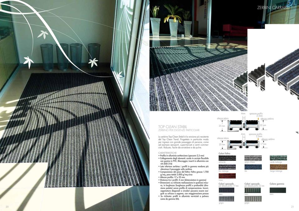 altezza telaio 20 mm 4mm spessore profilo 2,5mm altezza zerbino 17 mm CARATTERISTICHE Profilo in alluminio antitorsione (spessore 2,5 mm) Collegamento degli elementi: corda in acciaio flessibile con