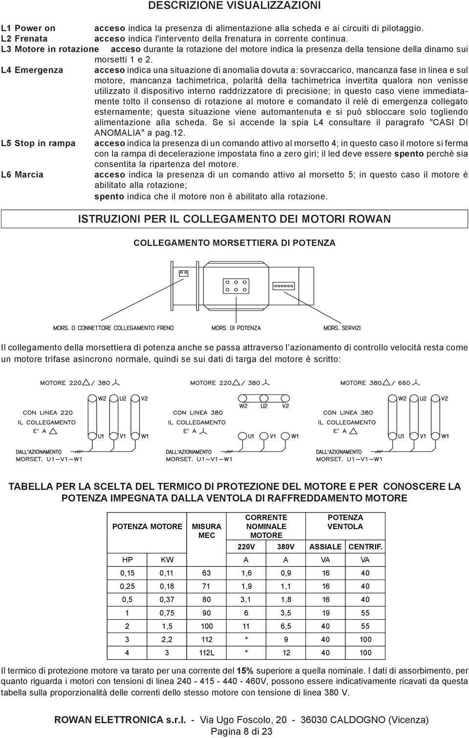 L4 Emergenza acceso indica una situazione di anomalia dovuta a: sovraccarico, mancanza fase in linea e sul motore, mancanza tachimetrica, polarità della tachimetrica invertita qualora non venisse