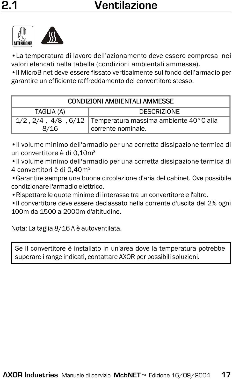 TAGLIA (A) 1/2, 2/4, 4/8, 6/12 8/16 CONDIZIONI AMBIENTALI AMMESSE Il volume minimo dell'armadio per una corretta dissipazione termica di un convertitore è di 0,10m 3 Il volume minimo dell'armadio per