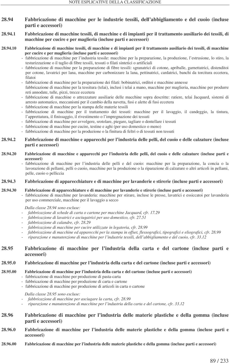 1 Fabbricazione di macchine tessili, di macchine e di impianti per il trattamento ausiliario dei tessili, di macchine per cucire e per maglieria (incluse parti e accessori) 28.94.