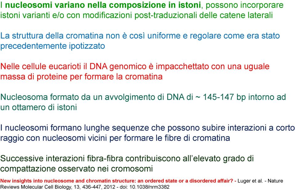 avvolgimento di DNA di ~ 145-147 bp intorno ad un ottamero di istoni I nucleosomi formano lunghe sequenze che possono subire interazioni a corto raggio con nucleosomi vicini per formare le fibre di