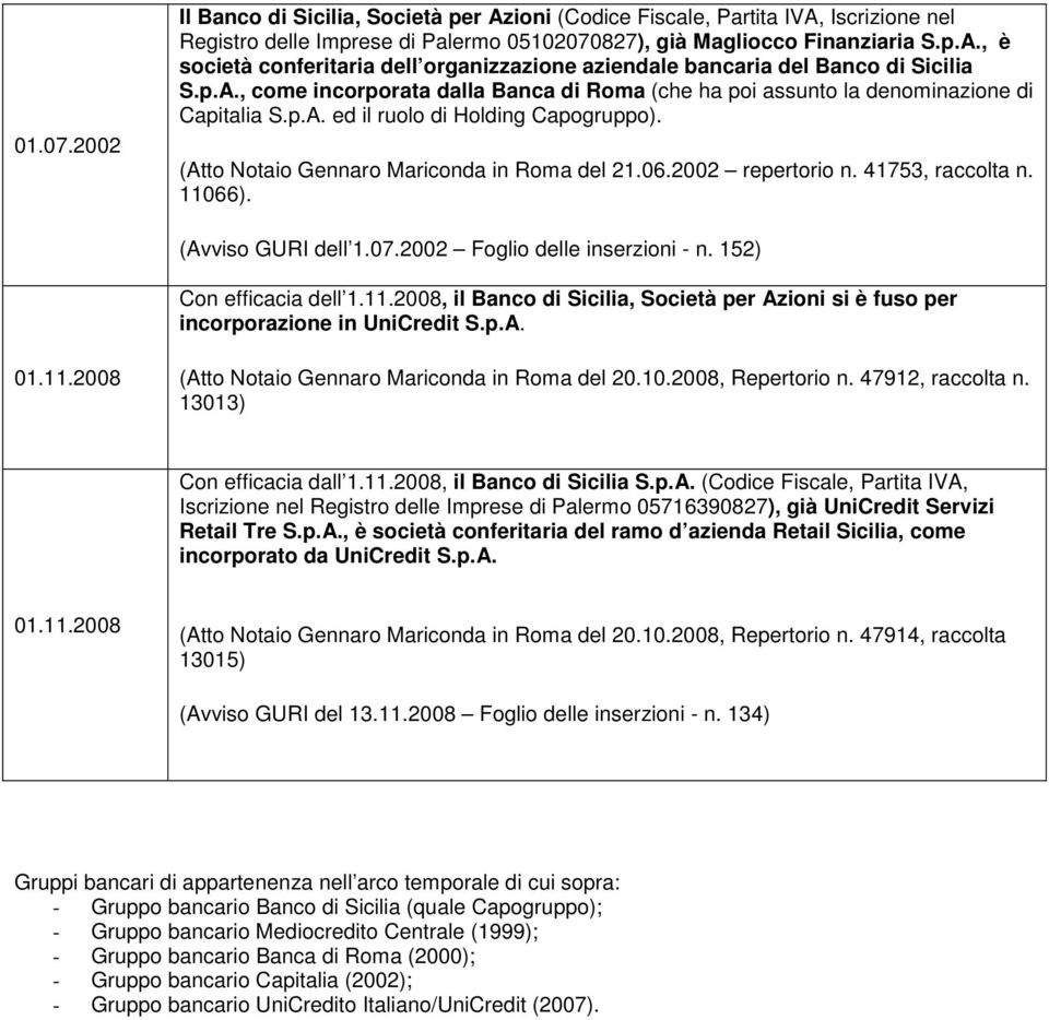 2002 repertorio n. 41753, raccolta n. 11066). (Avviso GURI dell 1.07.2002 Foglio delle inserzioni - n. 152) Con efficacia dell 1.11.2008, il Banco di Sicilia, Società per Azioni si è fuso per incorporazione in UniCredit S.