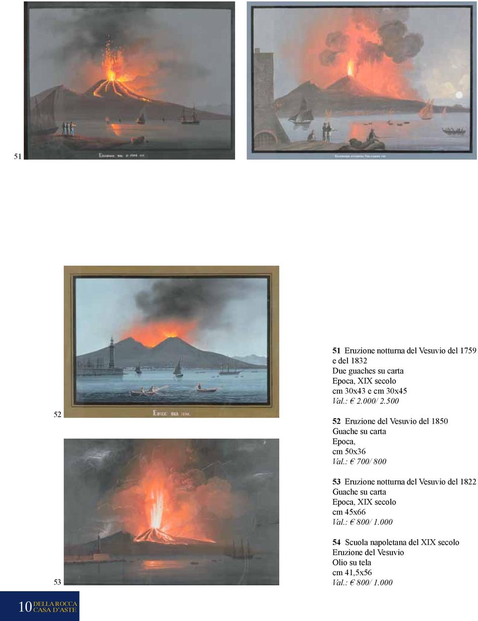 : 700/ 800 53 Eruzione notturna del Vesuvio del 1822 Guache su carta Epoca, XIX secolo cm 45x66 Val.: 800/ 1.