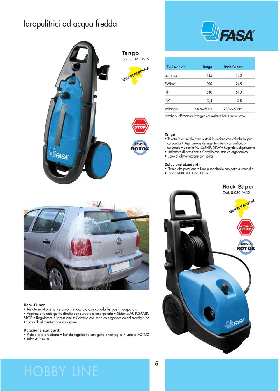 Testata in alluminio a tre pistoni in acciaio con valvola by-pass incorporata Aspirazione detergente diretta con serbatoio incorporato istema AUTMATIC TP Regolatore di pressione Indicatore di