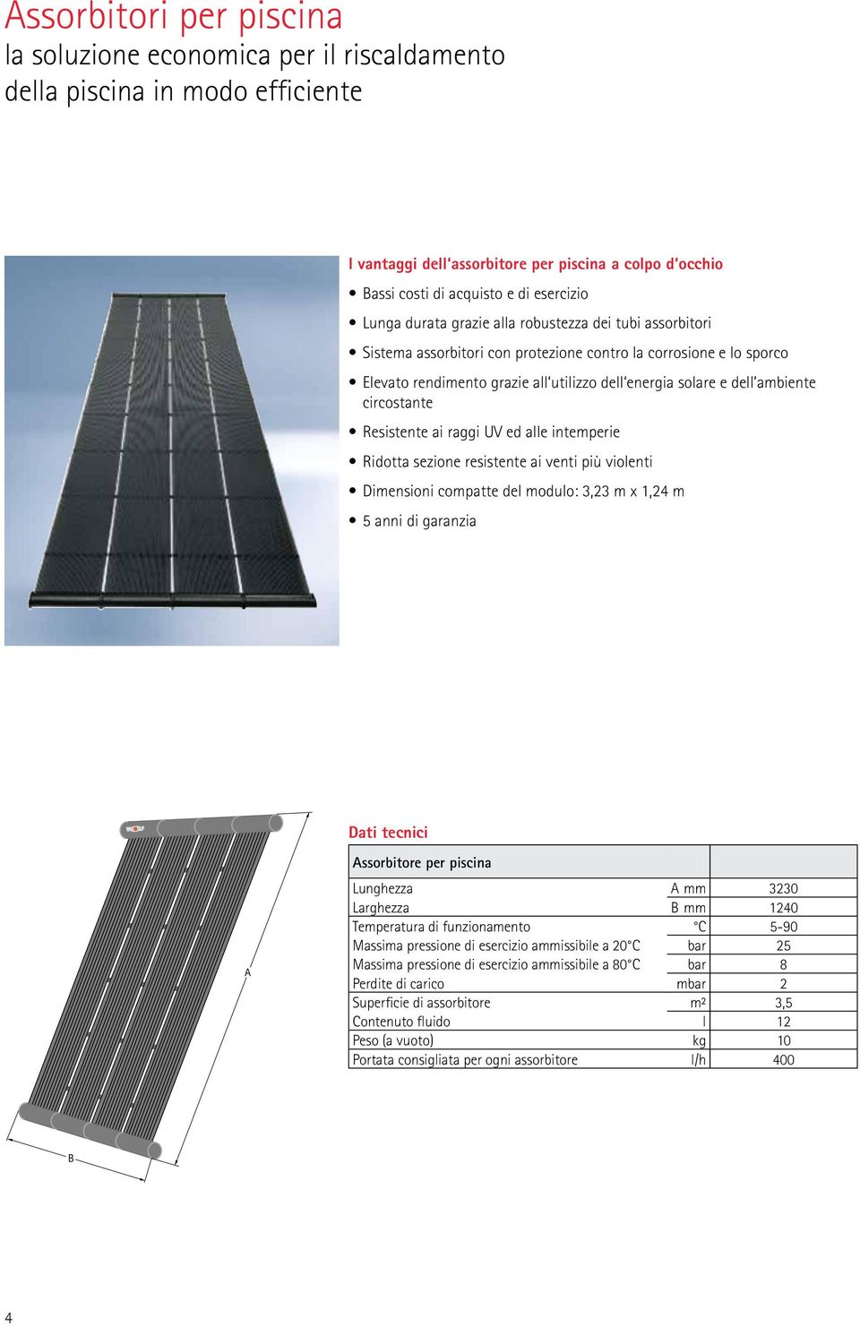 circostante Resistente ai raggi UV ed alle intemperie Ridotta sezione resistente ai venti più violenti Dimensioni compatte del modulo: 3,23 m x 1,24 m 5 anni di garanzia Dati tecnici A Assorbitore