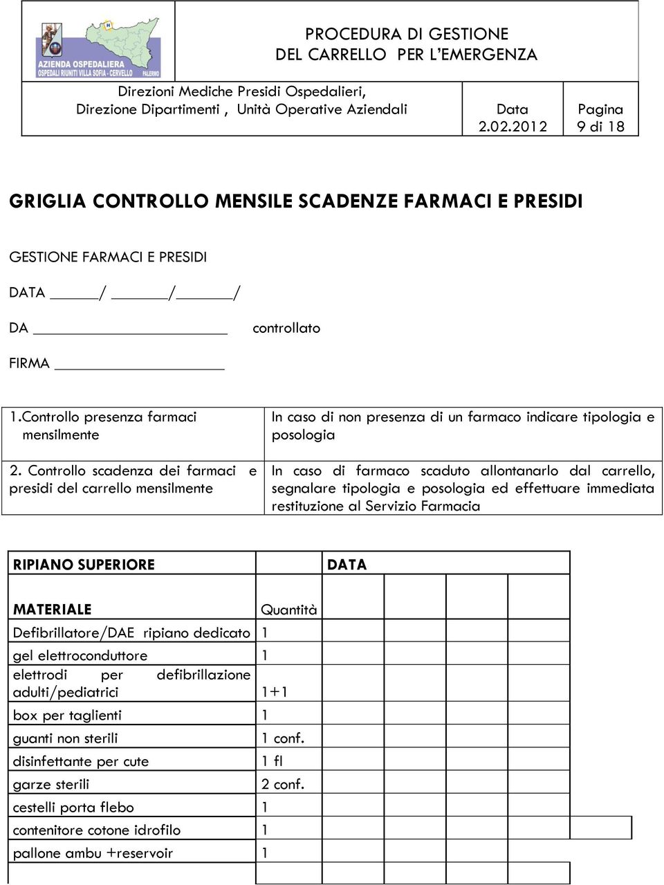 segnalare tipologia e posologia ed effettuare immediata restituzione al Servizio Farmacia RIPIANO SUPERIORE DATA MATERIALE Quantità Defibrillatore/DAE ripiano dedicato 1 gel elettroconduttore 1