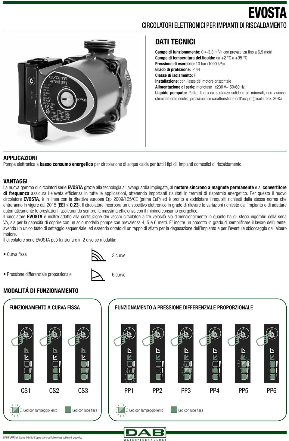 Liquido pompato: Pulito, libero da sostanze solide e oli minerali, non viscoso, chimicamente neutro, prossimo alle caratteristiche dell acqua (glicole max.