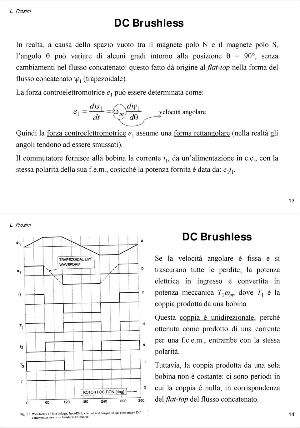 La forza controelettromotrice e 1 può essere determinata come: e d dt d d 1 1 1 m velocità angolare Quindi la forza controelettromotrice e 1 assume una forma rettangolare (nella realtà gli angoli