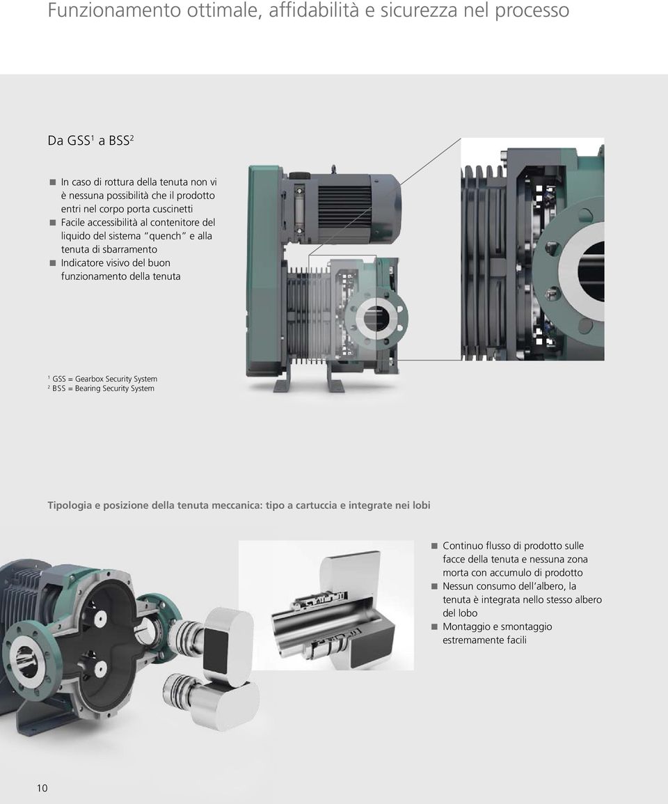 Security System 2 BSS = Bearing Security System Tipologia e posizione della tenuta meccanica: tipo a cartuccia e integrate nei lobi Continuo flusso di prodotto sulle facce della