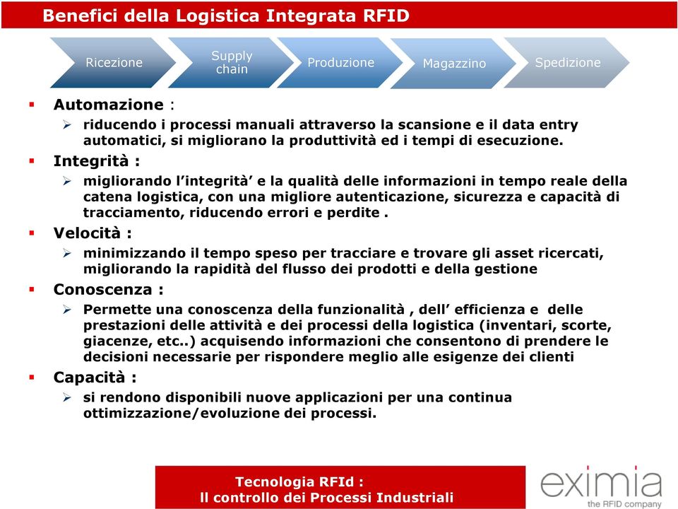 Integrità : migliorando l integrità e la qualità delle informazioni in tempo reale della catena logistica, con una migliore autenticazione, sicurezza e capacità di tracciamento, riducendo errori e