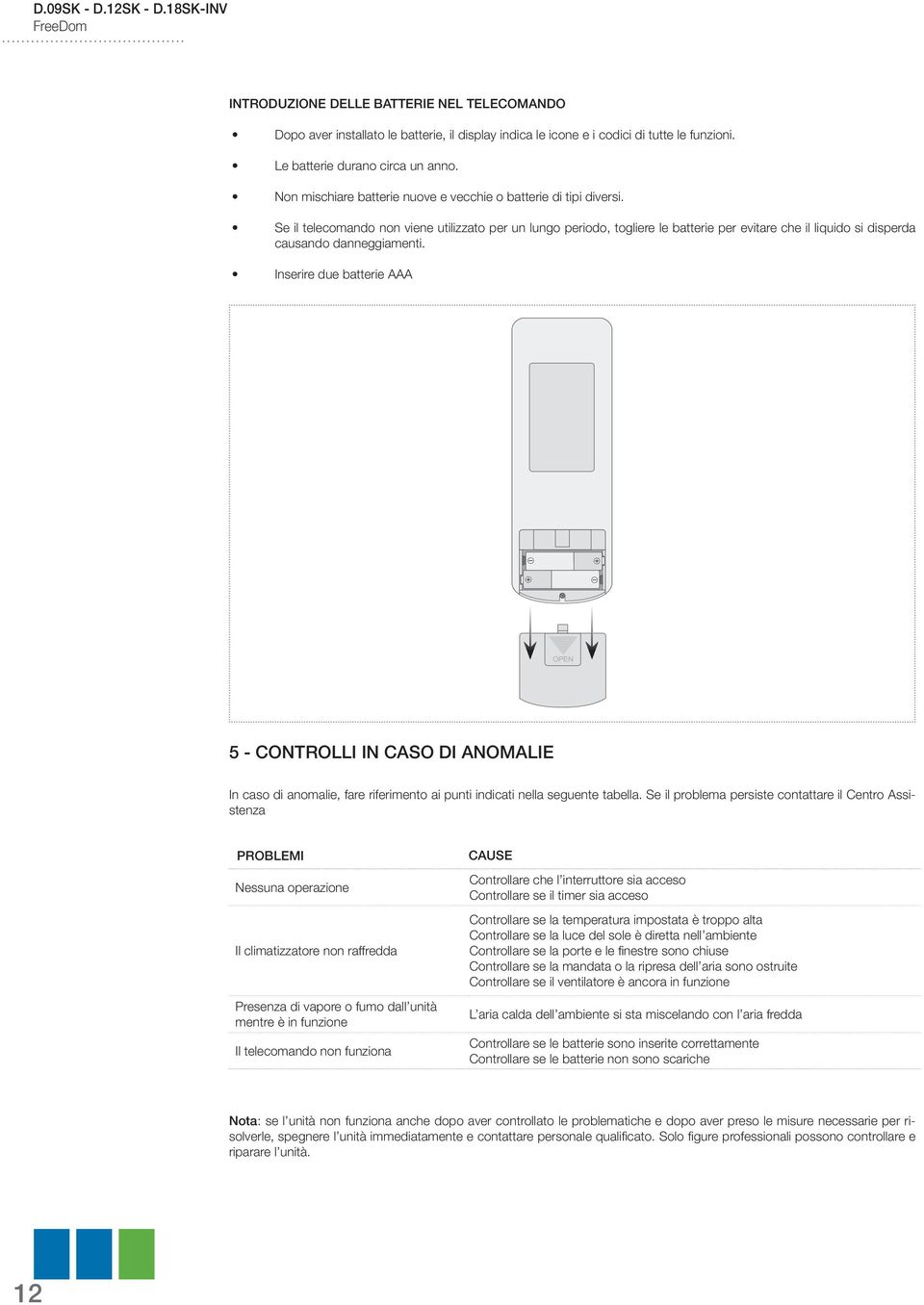 Se il telecomando non viene utilizzato per un lungo periodo, togliere le batterie per evitare che il liquido si disperda causando danneggiamenti.