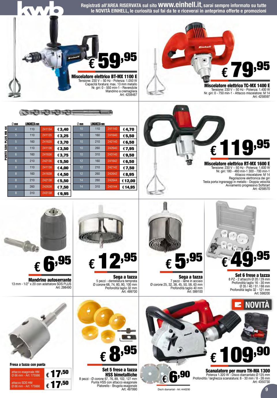 050 W Capacità foratura: max. 13 mm metallo Nr. giri: 0-550 min-1 - Reversibile Mandrino a cremagliera Art: 4258467 79,95 Miscelatore elettrico TC-MX 1400 E Tensione: 230 V ~ 50 Hz - Potenza: 1.