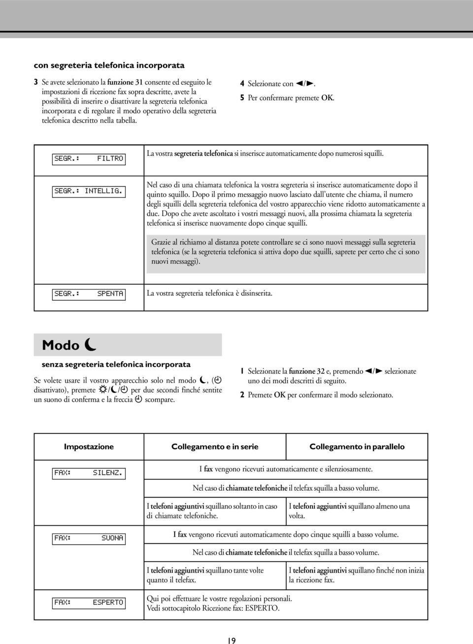 segr.: intellig. Nel caso di una chiamata telefonica la vostra segreteria si inserisce automaticamente dopo il quinto squillo.