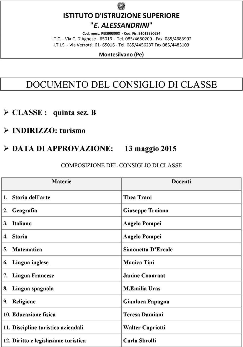 B Ø INDIRIZZO: turismo Ø DATA DI APPROVAZIONE: 13 maggio 2015 COMPOSIZIONE DEL CONSIGLIO DI CLASSE Materie Docenti 1. Storia dell arte Thea Trani 2. Geografia Giuseppe Troiano 3.