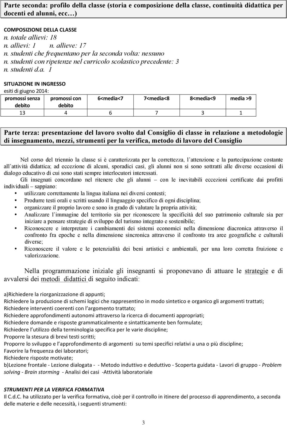 promossi senza promossi con 6<media<7 7<media<8 8<media<9 media >9 debito debito 13 4 6 7 3 1 Parte terza: presentazione del lavoro svolto dal Consiglio di classe in relazione a metodologie di