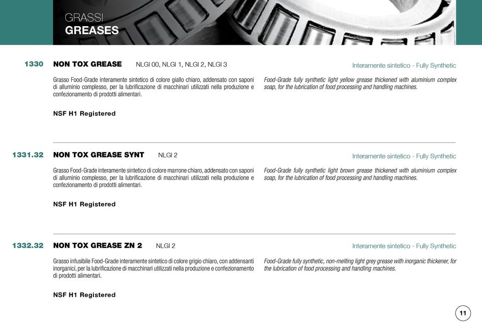 Food-Grade fully synthetic light yellow grease thickened with aluminium complex soap, for the lubrication of food processing and handling machines. NSF H1 Registered 1331.
