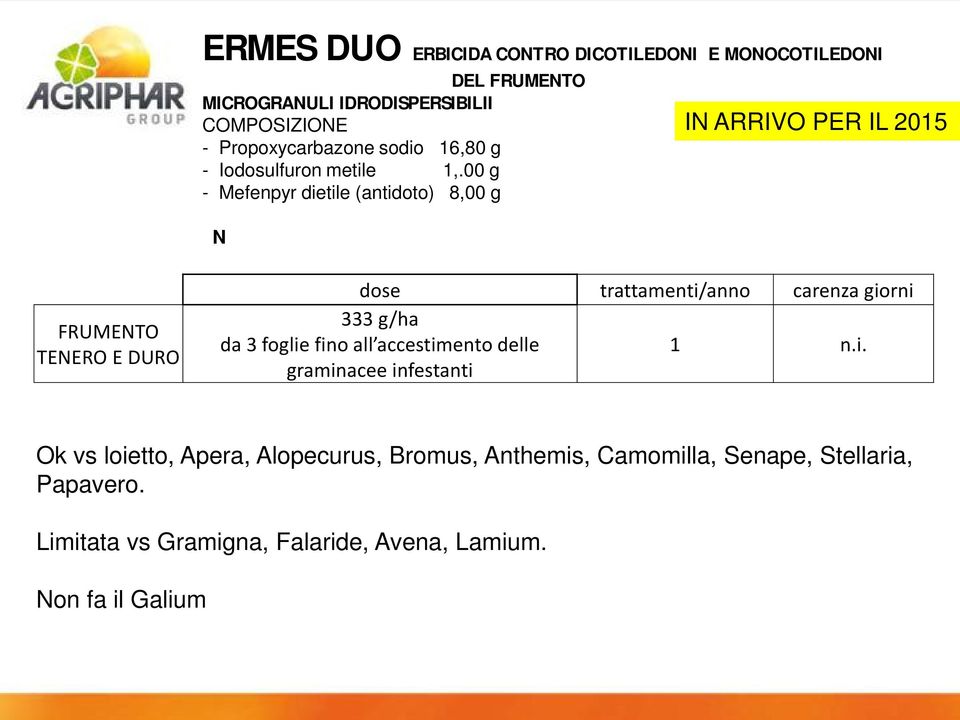 00 g - Mefenpyr dietile (antidoto) 8,00 g N IN ARRIVO PER IL 2015 FRUMENTO TENERO E DURO dose trattamenti/anno carenza giorni 333