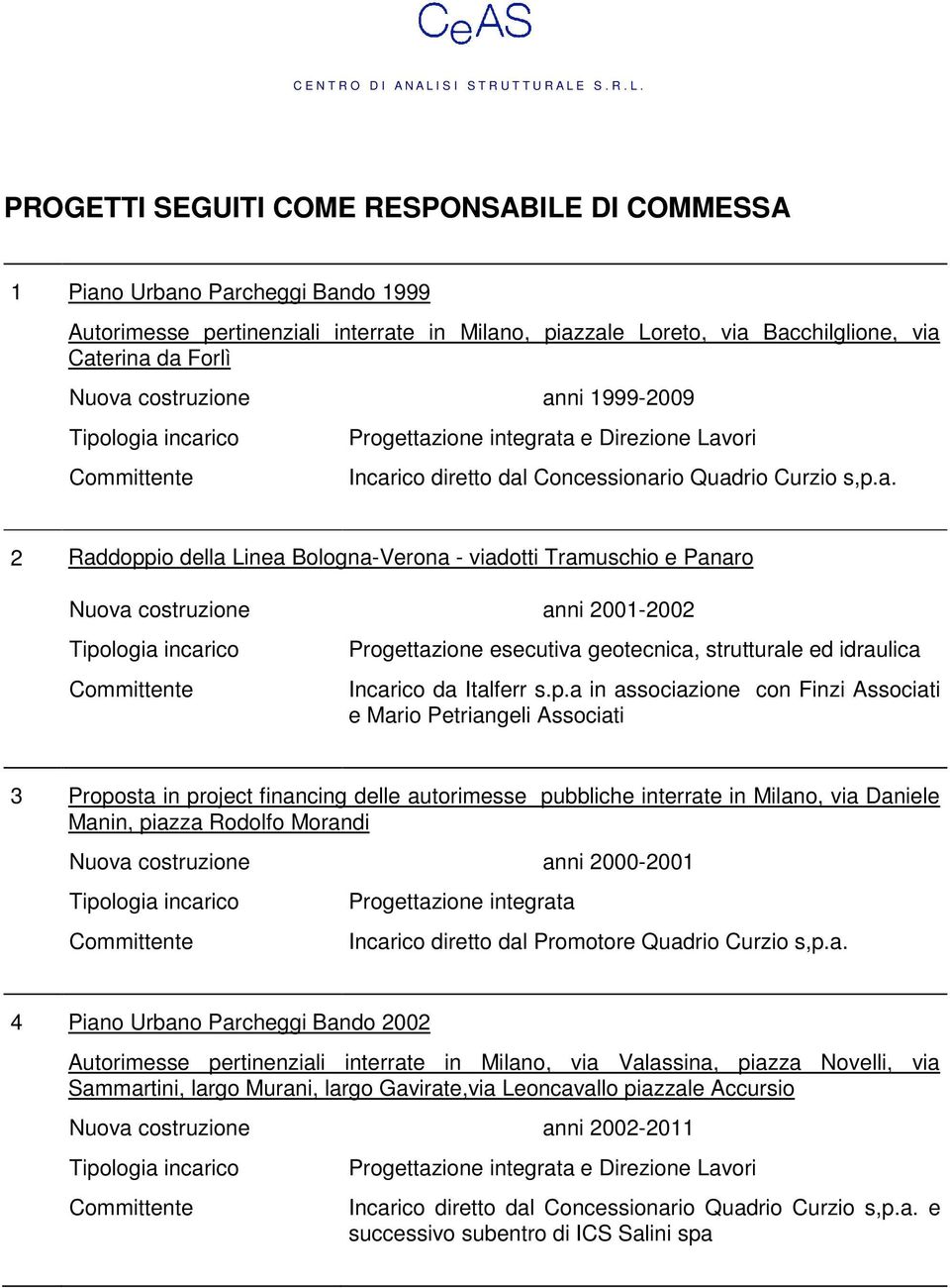 ni 1999-2009 Progettazione integrata e Direzione Lavori Incarico diretto dal Concessionario Quadrio Curzio s,p.a. 2 Raddoppio della Linea Bologna-Verona - viadotti Tramuschio e Panaro Nuova ni 2001-2002 Progettazione esecutiva geotecnica, strutturale ed idraulica Incarico da Italferr s.