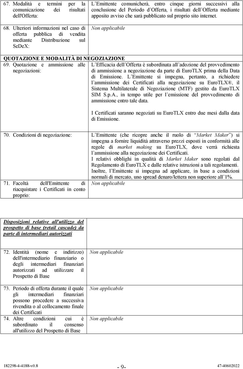 risultati dell Offerta mediante apposito avviso che sarà pubblicato sul proprio sito internet. Non applicabile QUOTAZIONE E MODALITÀ DI NEGOZIAZIONE 69.