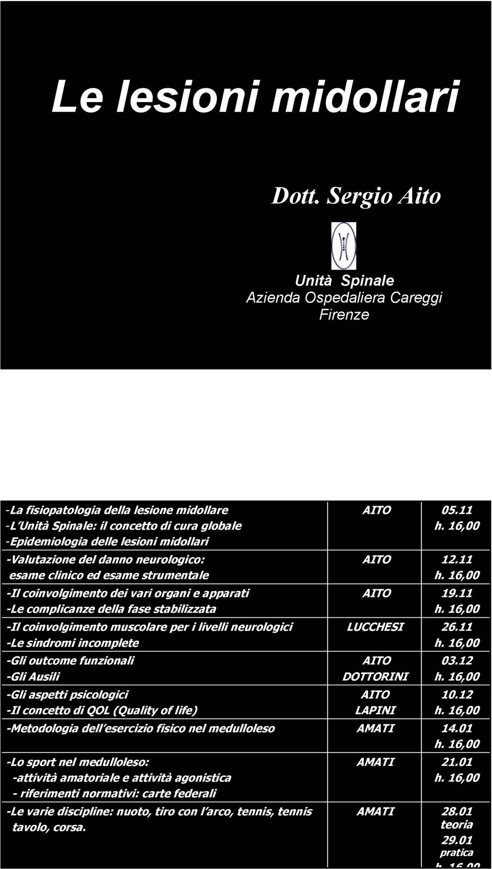 clinico ed esame strumentale -Il coinvolgimento dei vari organi e apparati -Le complicanze della fase stabilizzata -Il coinvolgimento muscolare per i livelli neurologici -Le sindromi incomplete -Gli