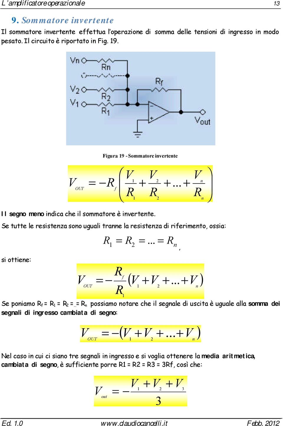 .. + OUT Se poniamo f = = = = n possiamo notare che il segnale di uscita è uguale alla somma dei segnali di ingresso cambiata di segno: ( V + V + ) V =.