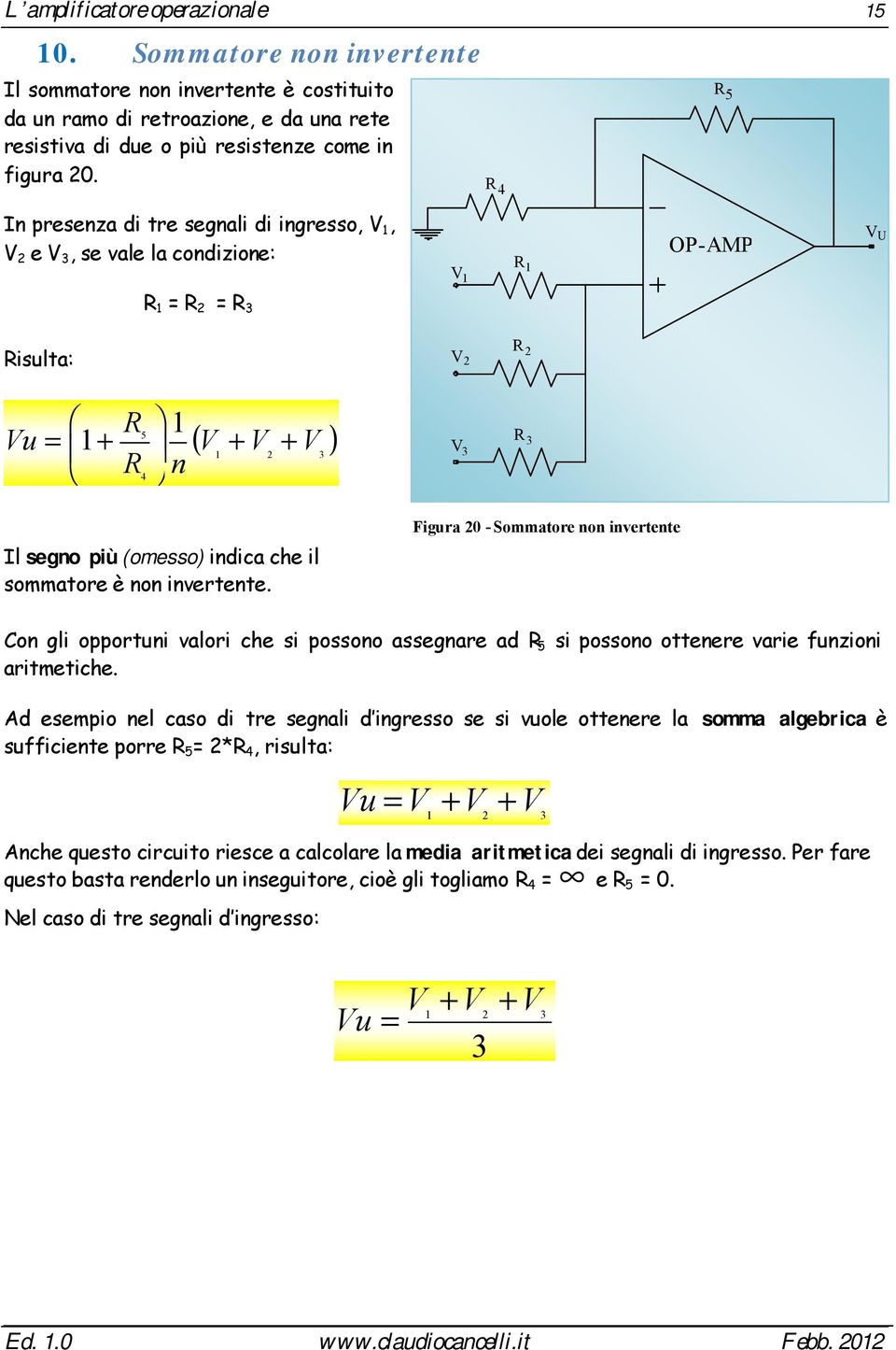 invertente. Figura 0 - Sommatore non invertente Con gli opportuni valori che si possono assegnare ad 5 si possono ottenere varie funzioni aritmetiche.