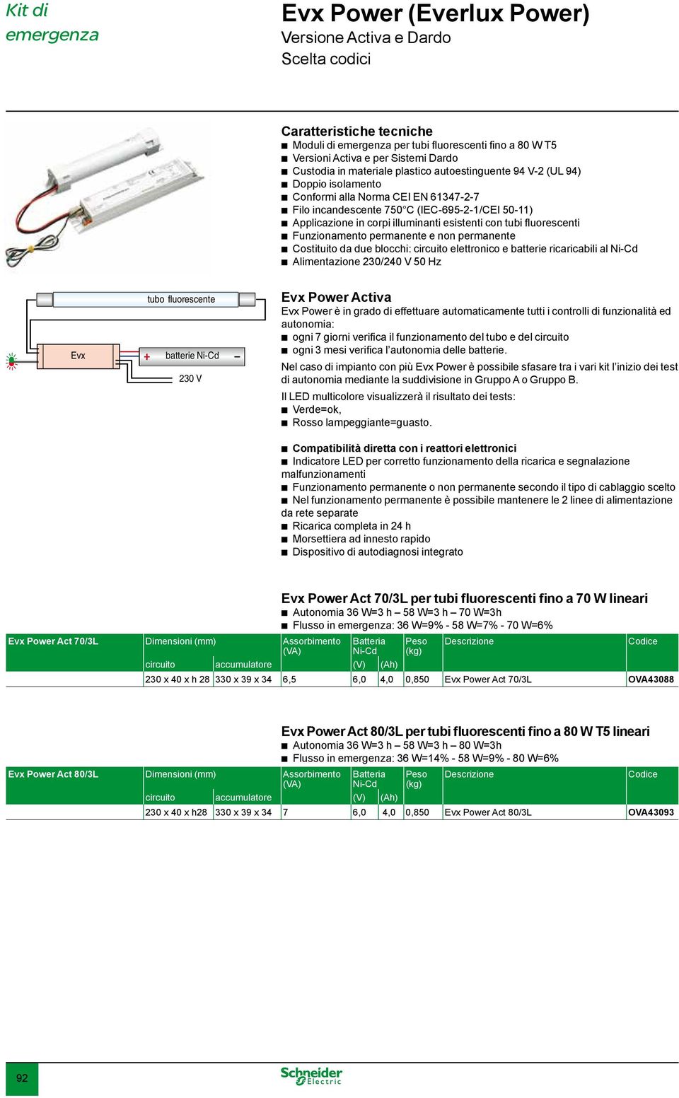 fluorescenti Funzionamento permanente e non permanente Costituito da due locchi: circuito elettronico e atterie ricaricaili al Ni-Cd Alimentazione 230/240 V 50 Hz Evx tuo fluorescente atterie Ni-Cd