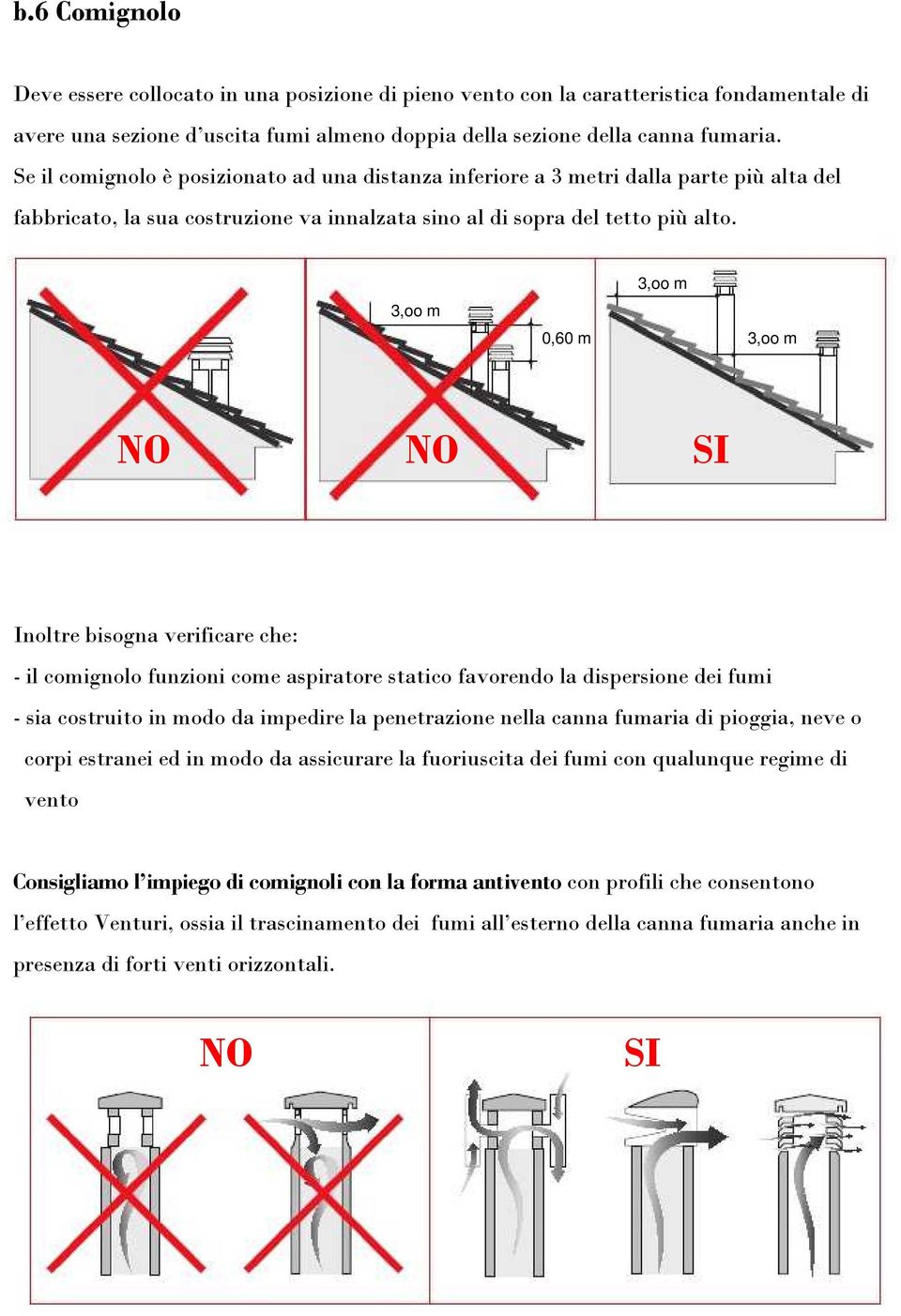 3,oo m 0,60 m 3,oo m 3,oo m NO NO SI Inoltre bisogna verificare che: - il comignolo funzioni come aspiratore statico favorendo la dispersione dei fumi - sia costruito in modo da impedire la