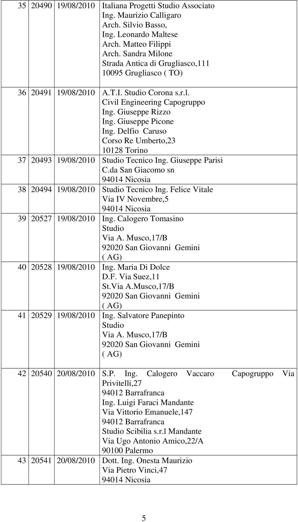 Delfio Caruso Corso Re Umberto,23 10128 Torino 37 20493 19/08/2010 Studio Tecnico Ing. Giuseppe Parisi C.da San Giacomo sn 38 20494 19/08/2010 Studio Tecnico Ing.