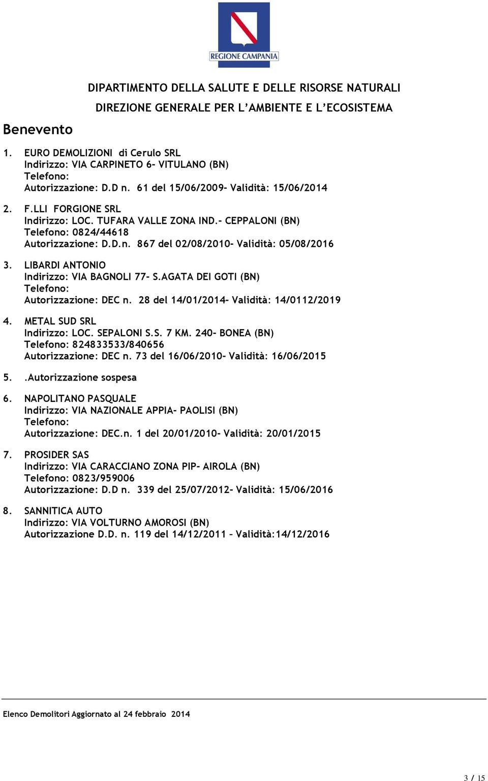 LIBARDI ANTONIO Indirizzo: VIA BAGNOLI 77- S.AGATA DEI GOTI (BN) Autorizzazione: DEC n. 28 del 14/01/2014- Validità: 14/0112/2019 4. METAL SUD SRL Indirizzo: LOC. SEPALONI S.S. 7 KM.