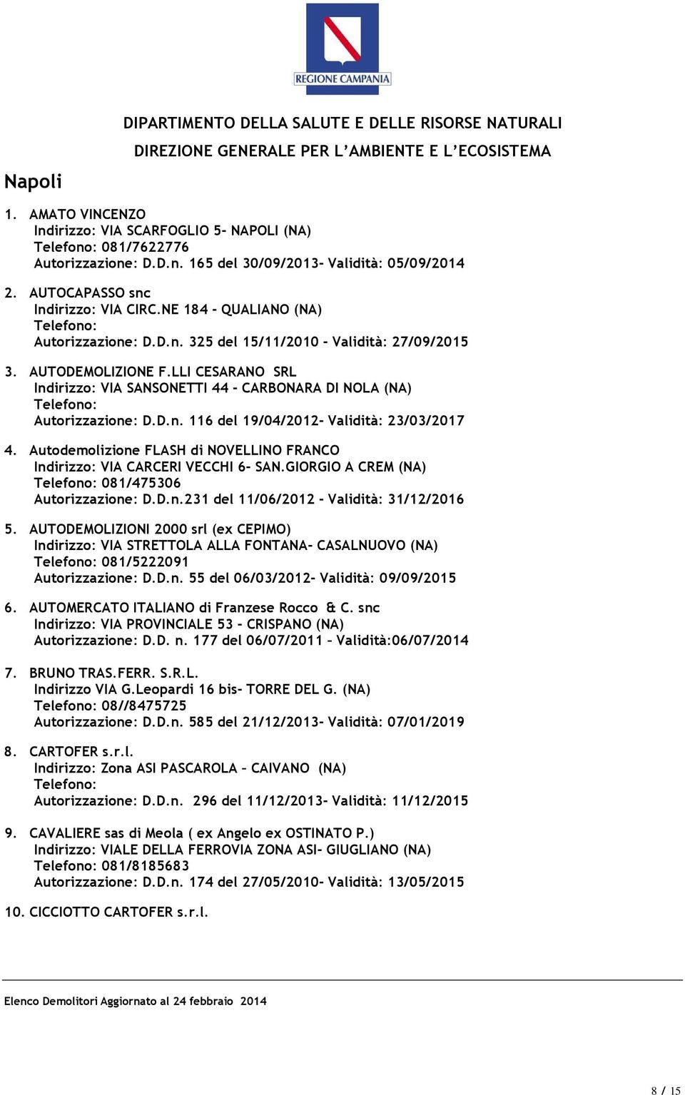 LLI CESARANO SRL Indirizzo: VIA SANSONETTI 44 - CARBONARA DI NOLA (NA) Autorizzazione: D.D.n. 116 del 19/04/2012- Validità: 23/03/2017 4.