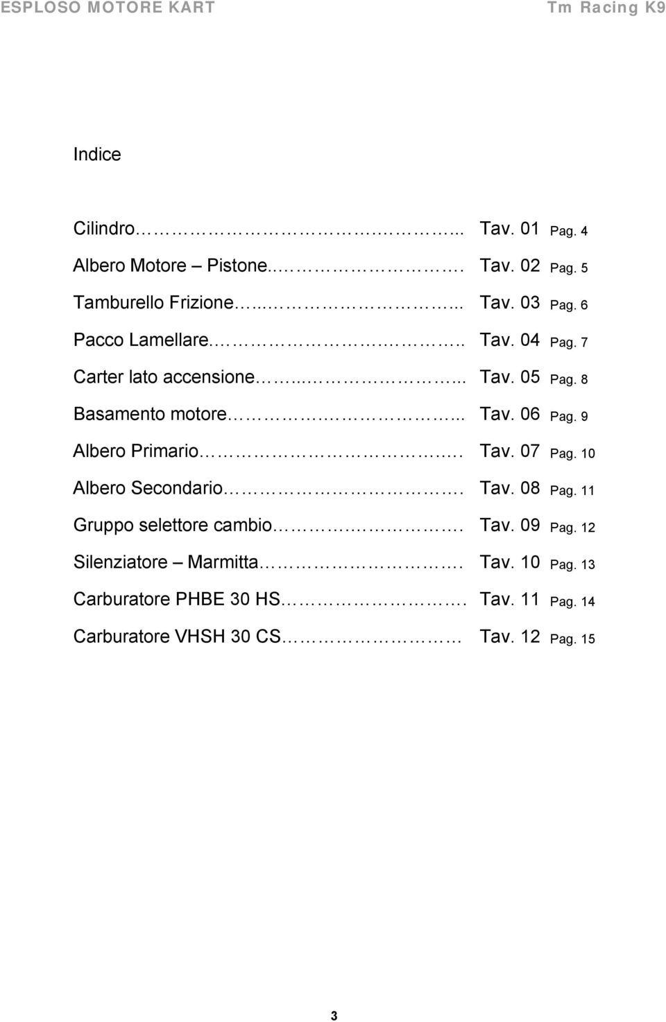 9 Albero Primario.. Tav. 07 Pag. 10 Albero Secondario. Tav. 08 Pag. 11 Gruppo selettore cambio.. Tav. 09 Pag.