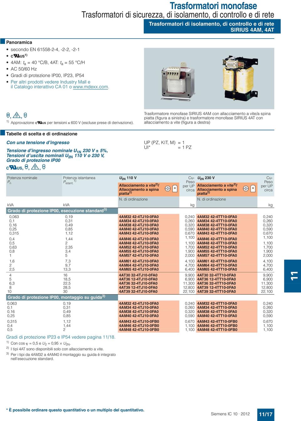 Trasformatori monofase Trasformatori di sicurezza, di isolamento, di controllo e di rete Trasformatori di isolamento, di controllo e di rete SIRIUS 4AM, 4AT,, μ ) Approvazione CUUS per tensioni 600 V