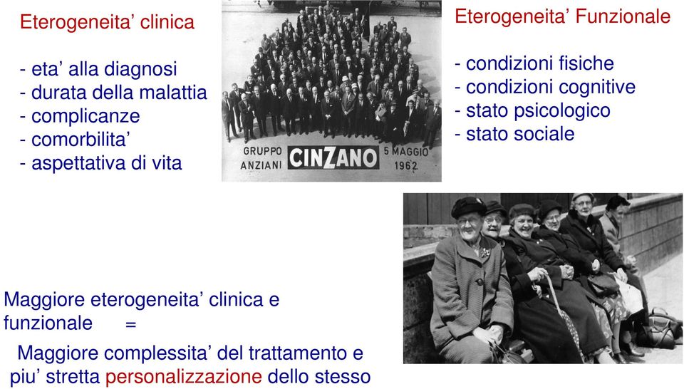 condizioni cognitive - stato psicologico - stato sociale Maggiore eterogeneita clinica