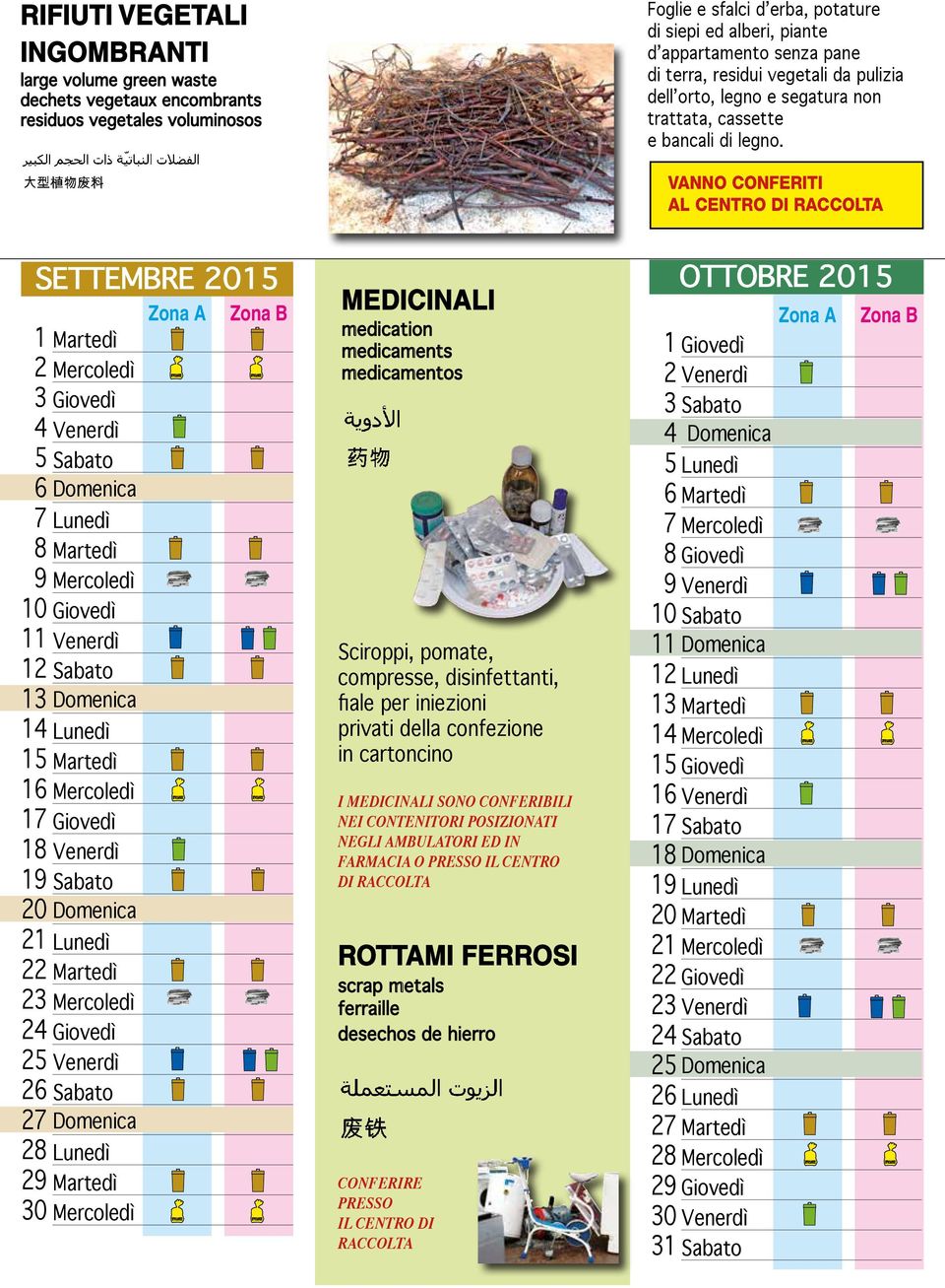 VANNO CONFERITI AL CENTRO DI RACCOLTA 0 0 SETTEMBRE OTTOBRE MEDICINALI medication medicaments medicamentos Sciroppi, pomate, compresse, disinfettanti, fiale per iniezioni privati della