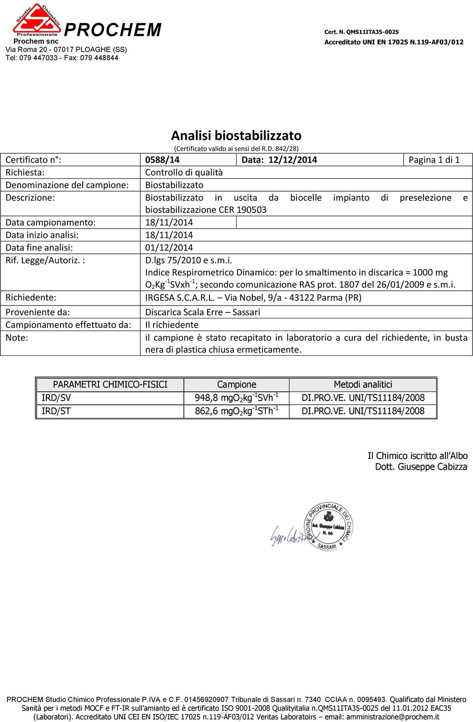 842/28) Certificato n : 0588/14 Data: 12/12/2014 Pagina 1 di 1 Richiesta: Controllo di qualità Denominazione del campione: Biostabilizzato Descrizione: Biostabilizzato in uscita da biocelle impianto