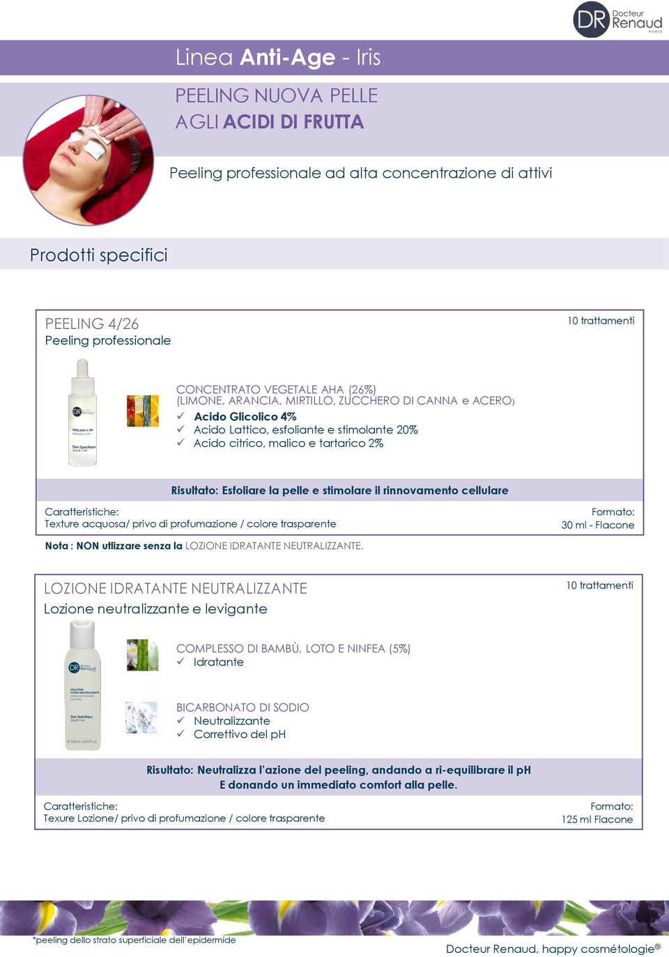 rinnovamento cellulare Caratteristiche: Texture acquosa/ privo di profumazione / colore trasparente Formato: 30 ml - Flacone Nota : NON utlizzare senza la LOZIONE IDRATANTE NEUTRALIZZANTE.