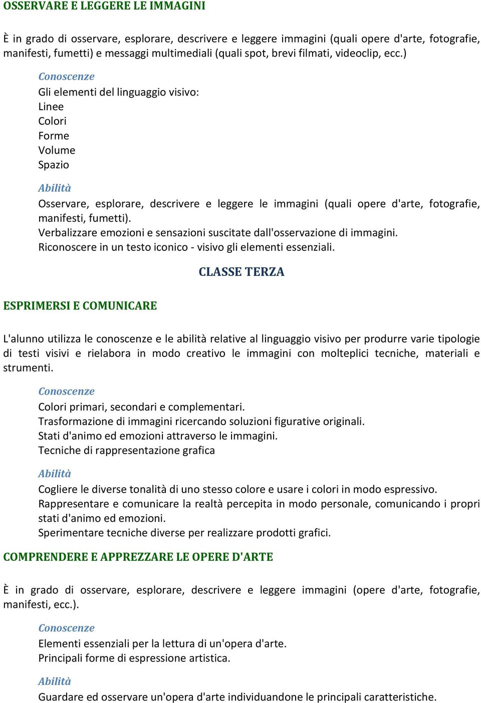 ) Gli elementi del linguaggio visivo: Linee Colori Forme Volume Spazio Osservare, esplorare, descrivere e leggere le immagini (quali opere d'arte, fotografie, manifesti, fumetti).