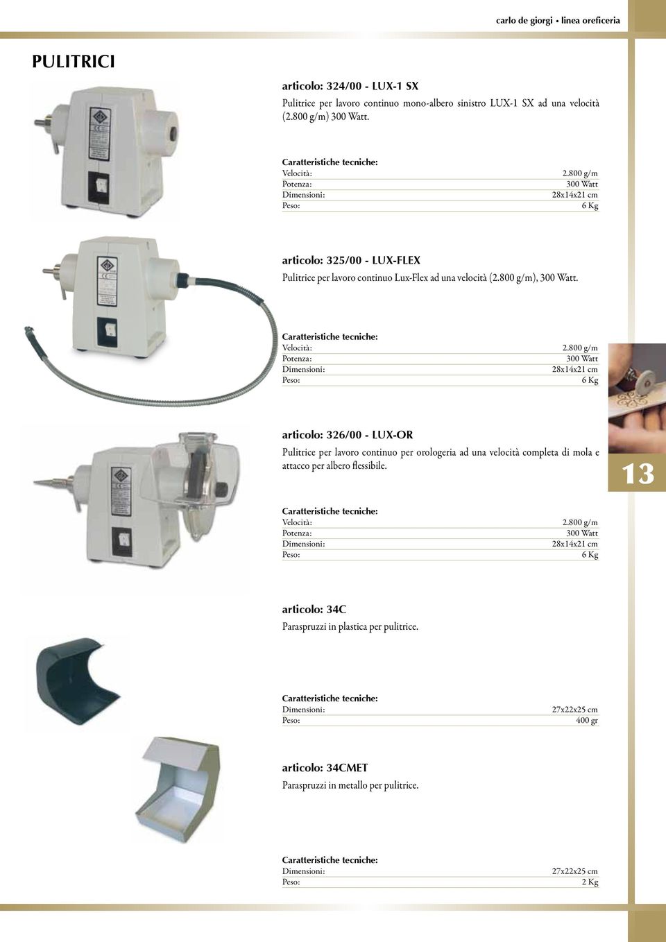 800 g/m 300 Watt 28x14x21 cm 6 Kg articolo: 326/00 - LUX-OR Pulitrice per lavoro continuo per orologeria ad una velocità completa di mola e attacco per albero